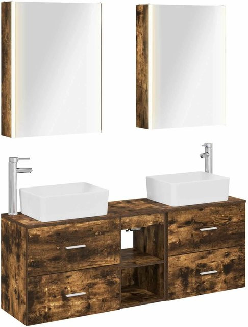 vidaXL Badezimmermöbel-Set 5-teilig aus Eiche in Geräuchert Braun mit LED-Spiegelschrank und Waschtischunterschrank - Bild 1