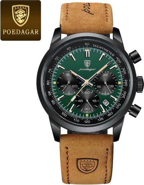 POEDAGAR Armbanduhr Chronograph, Quarz, Leder, Grün, Herren - Bild 1