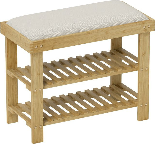 HOMCOM Schuhbank aus Bambus mit Sitzfläche und Schuhregal, Cremeweiß, B/T/H: 60 x 29 x 49 cm - Bild 1