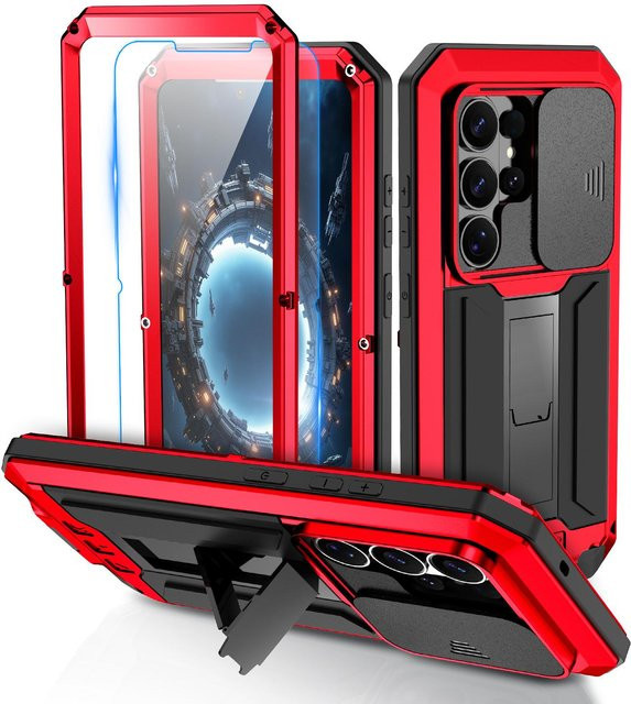 aluminum&Case Schutzhülle aus Aluminium und Metall für Samsung Galaxy S24 Ultra S23 S22 S21 Plus sowie S26 Edge mit Displayschutzfolie und Kameraschutz in Rot - Bild 1