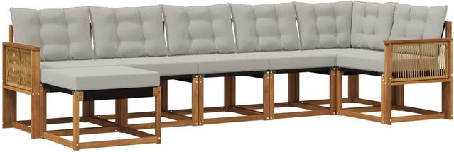 vidaXL Outdoor-Sofagarnitur L-Form aus Akazienholz mit Textilene und Kissen, 7-teiliges Set, Grau - Bild 1