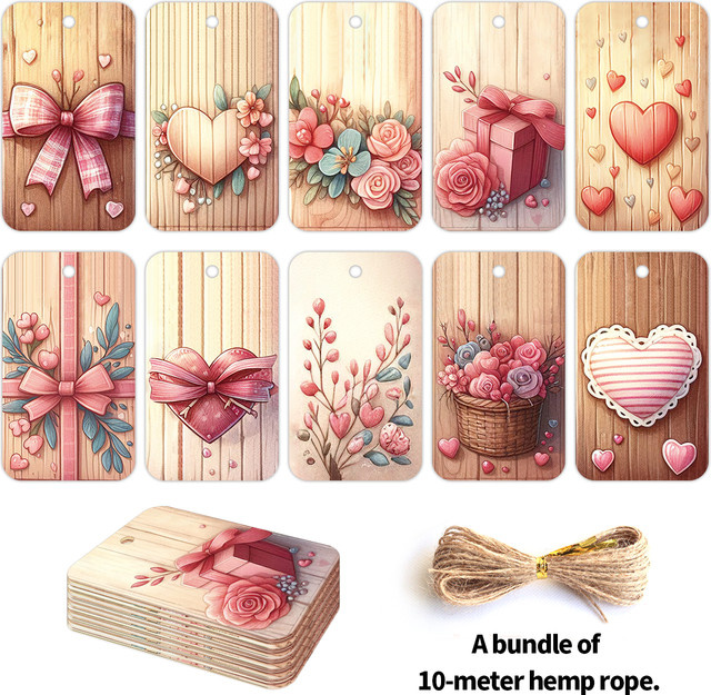 50 Stück Herz-Anhänger aus Papier mit Juteschnur zur Dekoration von Valentinstagsgeschenken und Hochzeiten - Bild 1