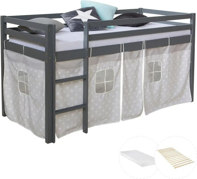 Homestyle4u Kinderhochbett aus Kiefernholz mit Lattenrost und Matratze, Grau, B/T/H: 90 x 200 x 207,5 cm - Bild 1