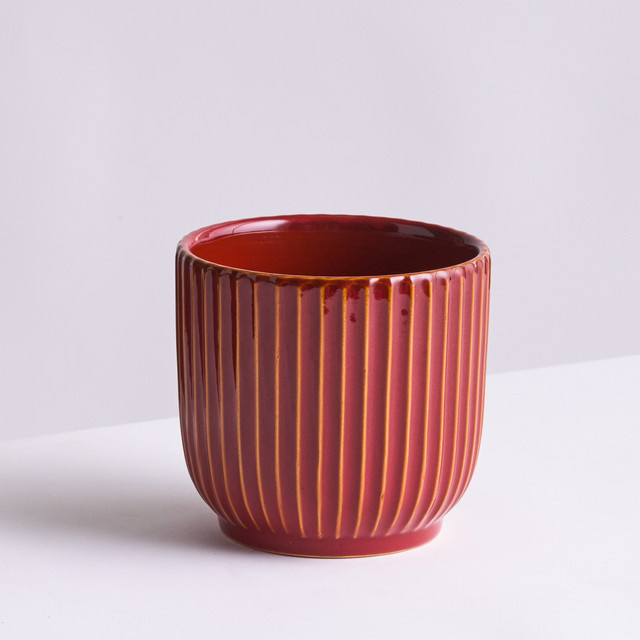 Moderner Keramik Übertopf von BLUME2000 in Rot mit vertikalen Rillen, Höhe: 15 cm, Breite: 15 cm, Tiefe: 14 cm - Bild 1