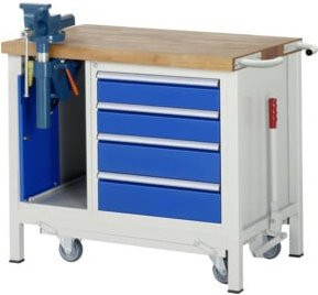 Rau Werkbank Modell 8185 fahrbar und absenkbar in Grau und Blau mit Schrank, Schubladen und Schraubstock, B/T/H: 100 x 70 x 88 cm - Bild 1