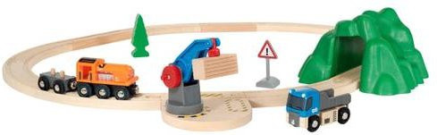 Brio 33878 Starterset Holz-Güterzug mit Kran und Eisenbahn-Zubehör