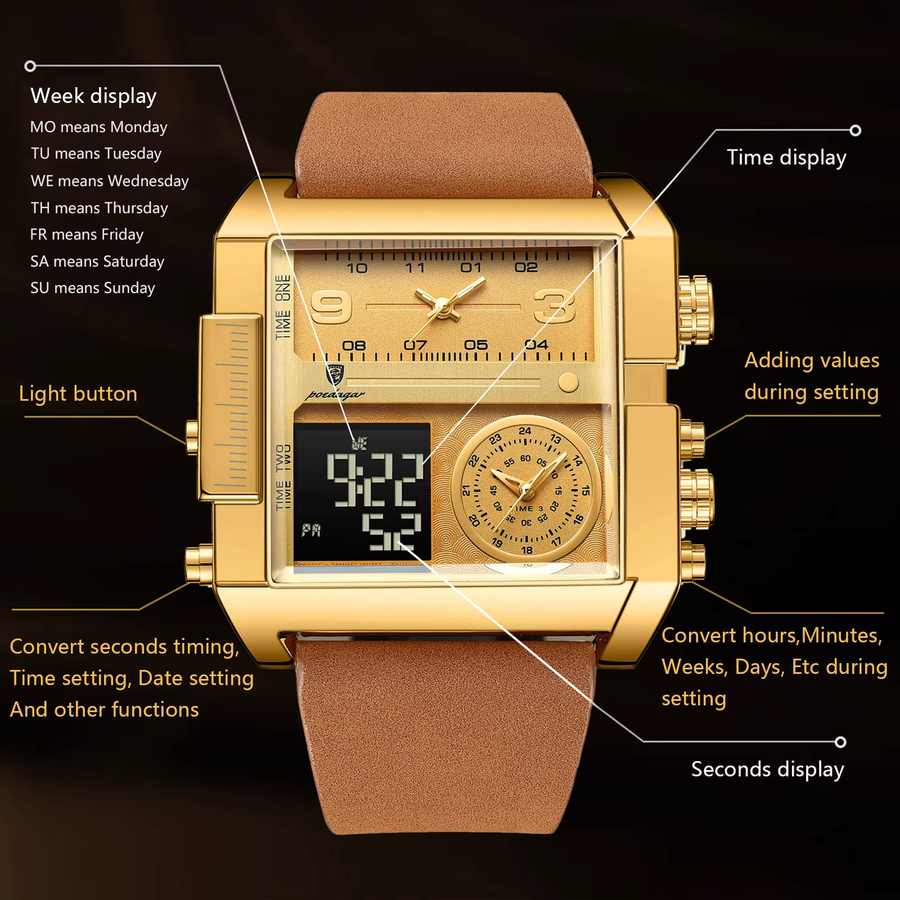 POEDAGAR Digitaluhr, Quarz, Schwarz, Gold, Leder, Herren - Bild 4