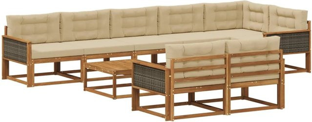 vidaXL Outdoor-Sofagarnitur aus Akazienholz mit 9 Kissen in Natur und Beige - Bild 1