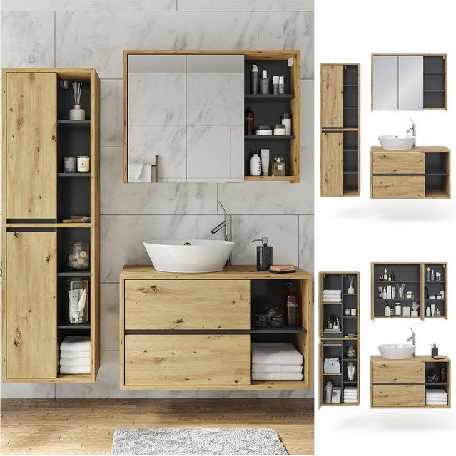Vicco Badmöbel Set Viola in Eiche und Anthrazit bestehend aus Spiegelschrank, Hochschrank und Waschtischunterschrank - Bild 1