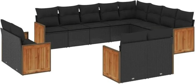 vidaXL 12-tlg. Garten-Sofagarnitur in U-Form aus Polyrattan und Akazienholz in Schwarz mit Kissen - Bild 1