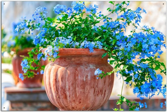 Wallario Gartenposter Blaue Blumen in einer Steinvase, Farbe: Blau, Breite: 80 cm, Höhe: 120 cm - Bild 1
