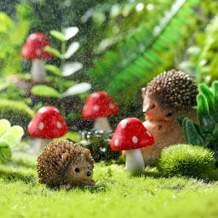 MICROUND Outdoor Fairy Wild Garden Deko-Set mit Igel aus Harz und Holz-Pilzen in Mehrfarbig für Bonsai und Pflanzen-Miniaturen - Bild 4