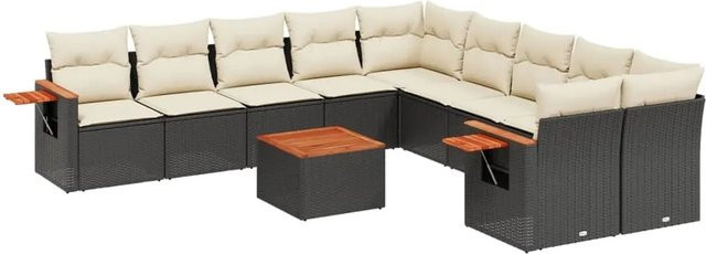 vidaXL 11-tlg Garten-Sofagarnitur in U-Form aus Polyrattan und Akazienholz mit Kissen in Schwarz-Creme - Bild 1