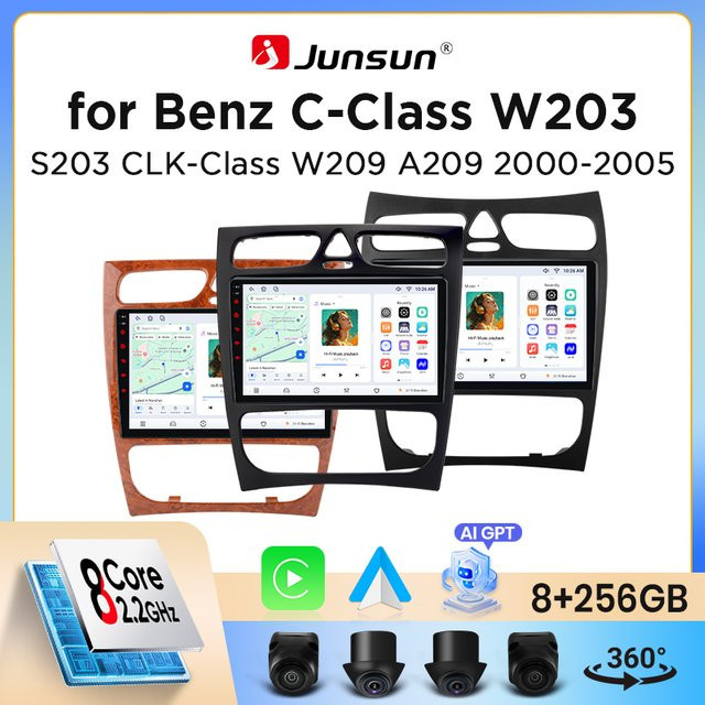 Junsun Wireless CarPlay und Android Auto Autoradio für Mercedes-Benz C-Klasse W203 und CLK-Klasse C209/A209, Multimedia-Player mit GPS, WiFi und DSP in Schwarz - Bild 1