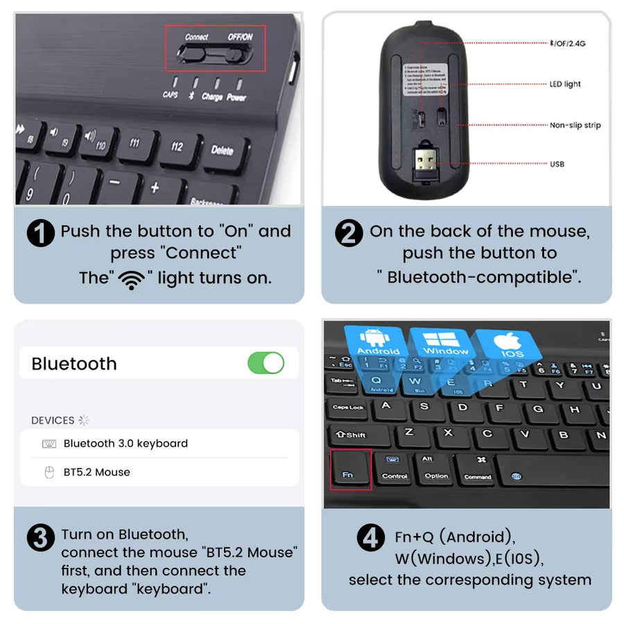 READYYEAH Kabelloses Bluetooth-Tastatur-Maus-Set mit 7-farbiger Hintergrundbeleuchtung in Schwarz und Grün, wiederaufladbar und mehrsprachig für iPad, Android und Windows - Bild 3