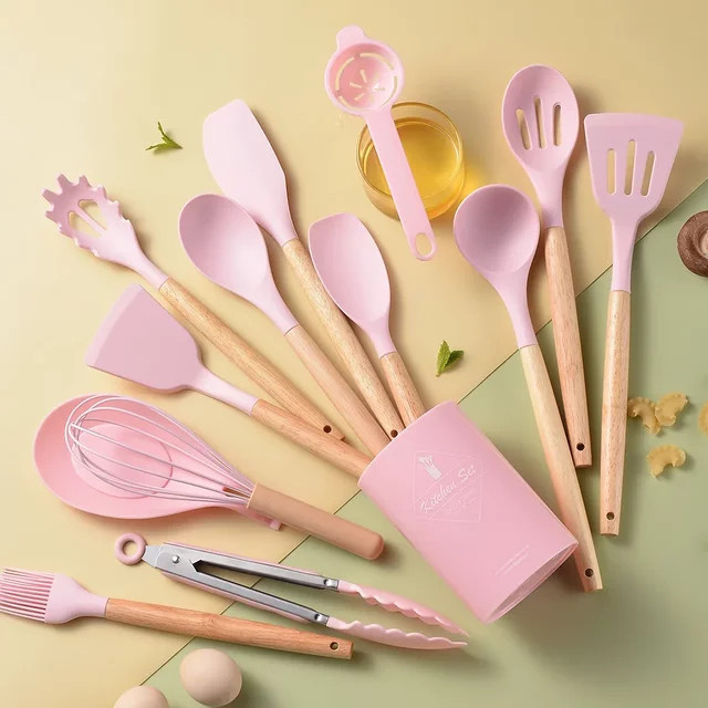 AJOYOUS 14-teiliges Silikon Küchenutensilien Set in Pink für Kochen und Backen mit Schaufel, Löffel, Schaber, Bürste, Spaten, Schneebesen und Turner - Bild 1