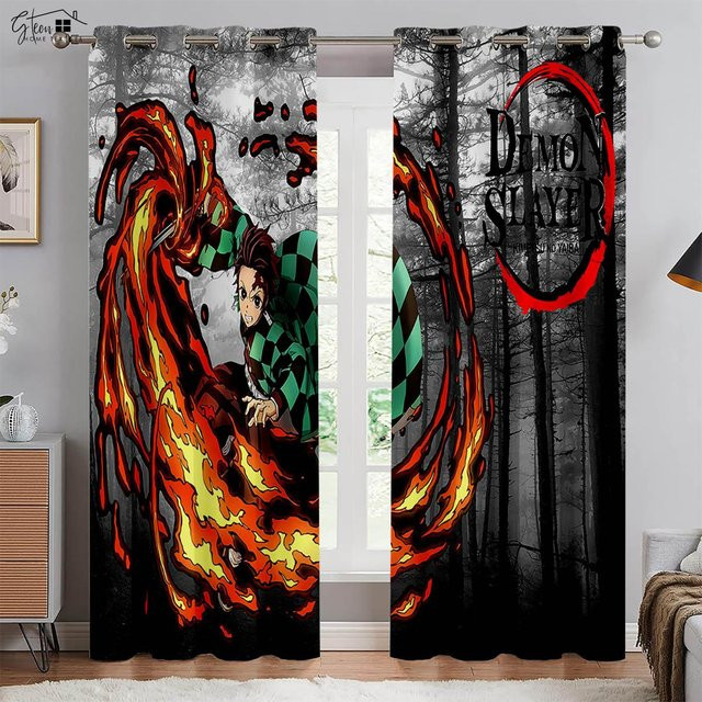 2er-Set Dekorative Anime Fenster Vorhänge mit japanischem Cartoon-Aufdruck, Lichtblockierend und Wärmeisolierend, Mehrfarbig, B: 106 cm, H: 183 cm - Bild 1
