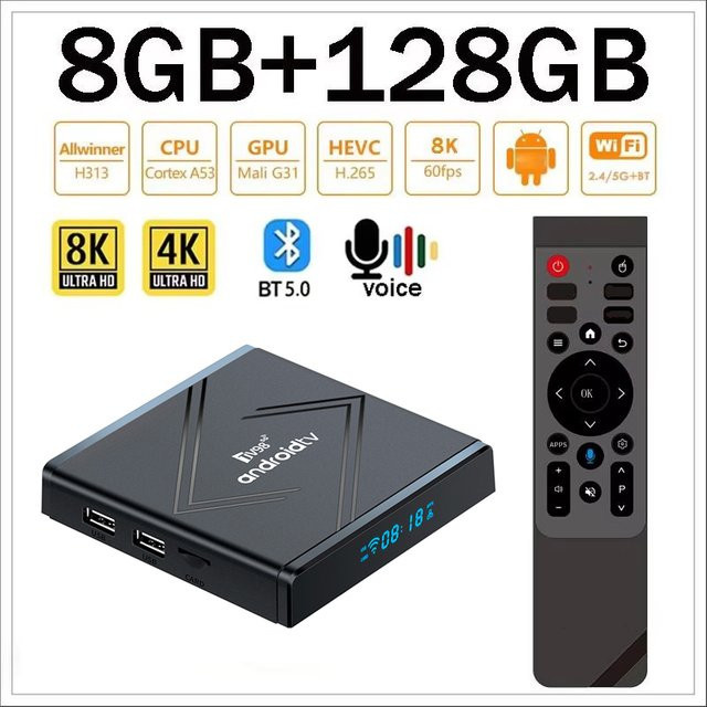 CLIBABIQBOX Smart TV Box Android mit 4K und 8K Unterstützung, 8GB RAM und 128GB Speicher, Dual WLAN 4G 5G, Bluetooth 5.0 und IPTV, Schwarz - Bild 1