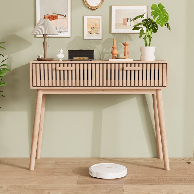 Schmale Konsole mit 2 Schubladen in Braun, skandinavischer Beistelltisch aus Holz für Flur und Wohnzimmer, B/T/H: 100 x 35 x 80 cm - Bild 1