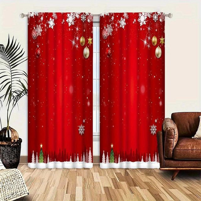 2er-Set Weihnachtsbaum und Schneeflocken Vorhänge aus Polyester in Rot von Yiran Furniture, semi-transparent, B: 100 cm, H: 130 cm - Bild 1