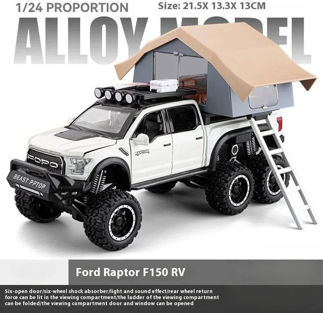 Linyi toy car Ford Raptor F150 Camping Wohnmobil Geländewagen Pickup Truck, Modellauto, Metall, 1:24, mit Licht und Sound, ab 14 Jahren - Bild 1