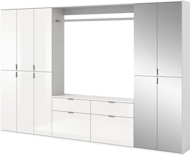 Inn.Furn Garderoben-Set SystemX in Weiß Hochglanz, 5-teilig mit Spiegel und Stauraum, B: 273 cm, H: 193 cm - Bild 1