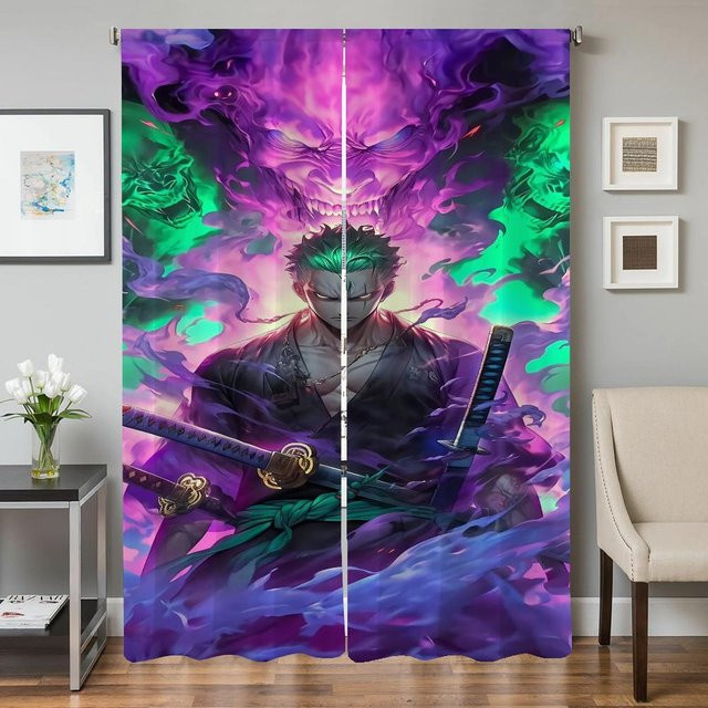 2er-Set Verdunkelungsvorhänge Roronoa Zoro mit Grafikdesign für Wohnzimmer und Schlafzimmer, Mehrfarbig, Breite: 132 cm, Höhe: 160 cm - Bild 1