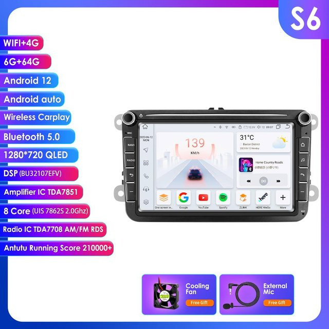 Ossuret S6 Android 13 Multimedia-Player mit Carplay und GPS, 8-Core 6G 64G, Schwarz, passend für Volkswagen Golf 5, Transporter, Passat B6, Polo, Jetta sowie Skoda und Seat - Bild 1