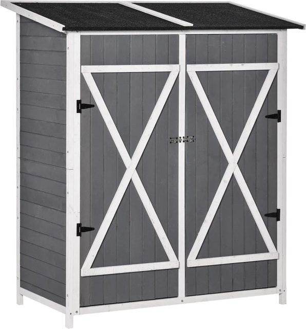 Outsunny Gartenschrank aus Tannenholz mit 2 Türen und Asphaltdach in Grau und Weiß, B/T/H: 139 x 75 x 160 cm - Bild 1