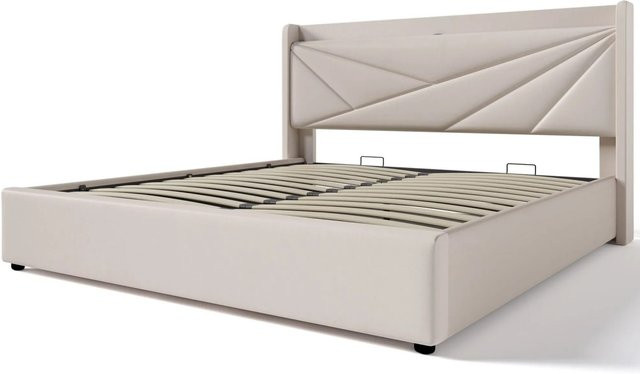 okwish Polsterbett mit Stauraum und USB-C Anschluss in Beige inklusive Matratze, B/T/H: 140 x 200 x 107 cm - Bild 1