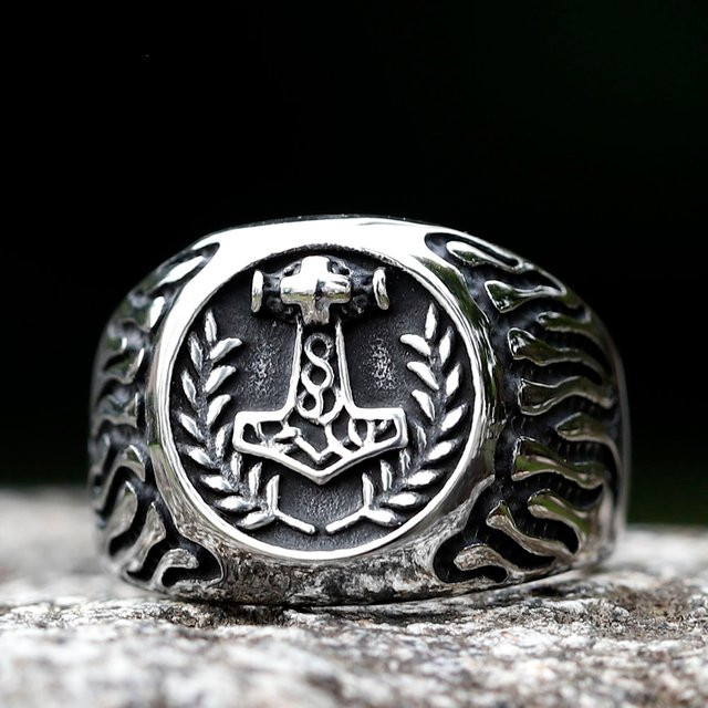 Wikinger Thors Hammer Mjolnir Ring, Edelstahl, Silber, Unisex - Bild 1