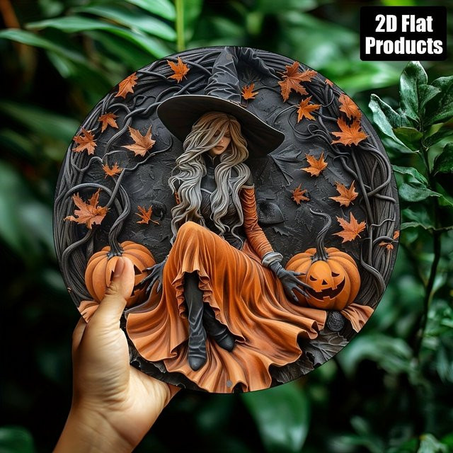 Potdemiel Vintage Wandkunst Halloween Hexenmuster aus Metall, rundes Schild in Schwarz und Multicolour, Durchmesser: 20,32 cm - Bild 1
