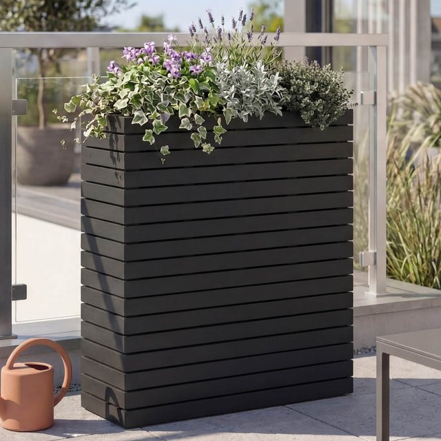 Eckiger Pflanzkasten MCW-L21 aus Akazie Holz in Schwarz, Hochbeet Pflanzkübel für Outdoor, B/T/H: 77 x 63 x 23 cm - Bild 1