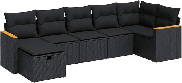 vidaXL 7-teilige Garten-Sofagarnitur in L-Form aus Polyrattan und Akazienholz mit Kissen in Schwarz - Bild 1