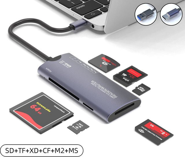 OULLX 6-in-1 USB Typ C All-in-One Kartenleser aus Aluminiumlegierung für Micro SD, TF, XD, CF, M2 und MS in Grau - Bild 1