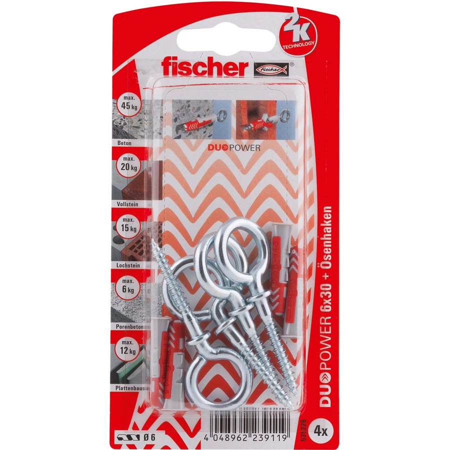 Fischer DuoPower Dübel mit Ösenhaken, 4 Stück, Durchmesser: 6 mm, Länge: 30 mm, Farben: Grau und Rot - Bild 2