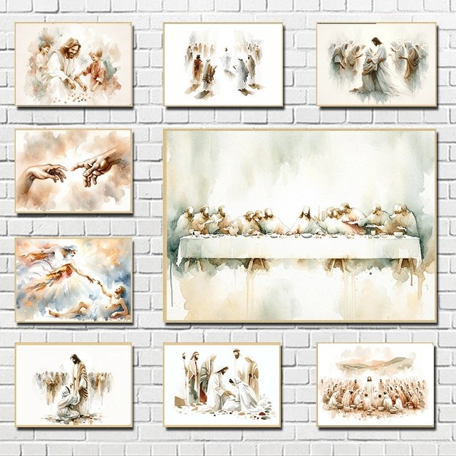 MINISO Leinwanddruck Jesus mit Kindern Heiliges Poster Wandkunst für Wohnzimmer und Schlafzimmer Mehrfarbig - Bild 1