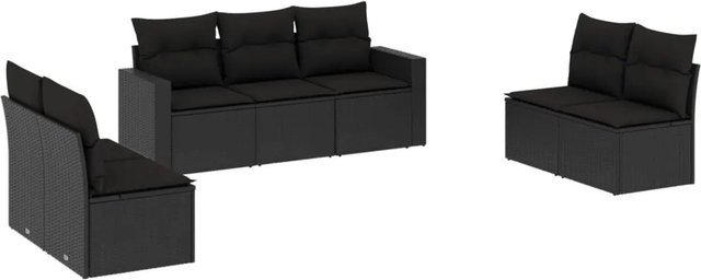 vidaXL 7-tlg Garten-Sofagarnitur in L-Form aus Poly Rattan und Metall mit Kissen in Schwarz - Bild 1