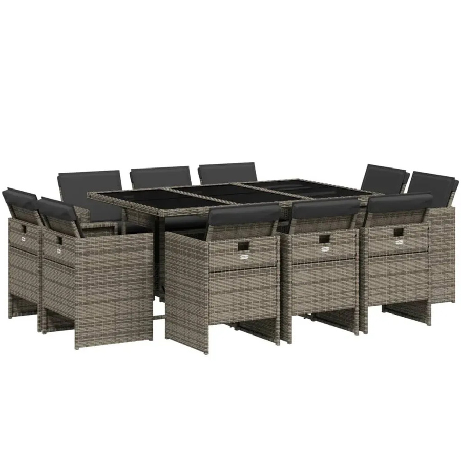vidaXL 11-teilige Garten-Essgruppe aus Poly-Rattan mit Kissen in Grau und Hartglas-Tischplatte - Bild 2