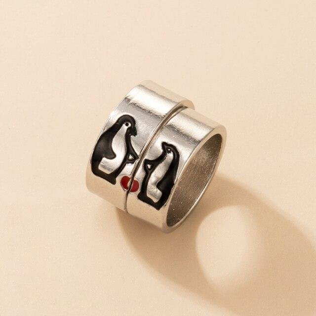 Tocona Ring-Set, Pinguin-Paar, Messing, Silber, Unisex - Bild 1
