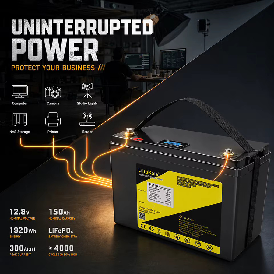 LiitoKala LiFePO4 Batterie 12V 150Ah mit LCD-Display SOC Spannung Strom und BMS in Schwarz - Bild 3