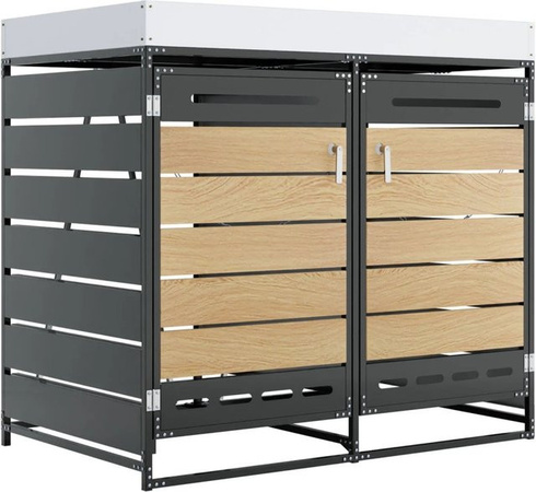 PXloue Mülltonnenbox mit Pflanzkasten und 2 Fächern in Grau aus Eisen mit Holzoptik und Schloss
