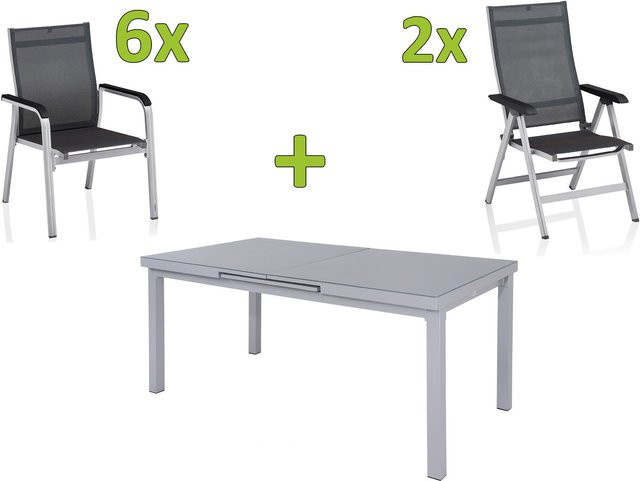 Kettler BasicPlus Premium Garten-Essgruppe aus Aluminium und Textilene in Silber mit ausziehbarem Tisch und 8 Stühlen - Bild 1