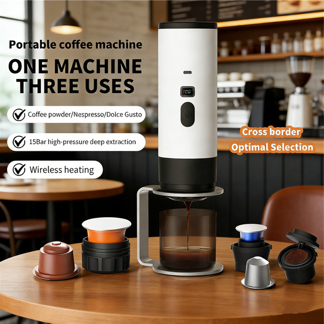 JFBONIN Tragbare 3-in-1 kabellose elektrische Espressomaschine für Kapseln und Pulver, Reise-Kaffeemaschine für Auto, Camping und Zuhause, Schwarz oder Weiß - Bild 1