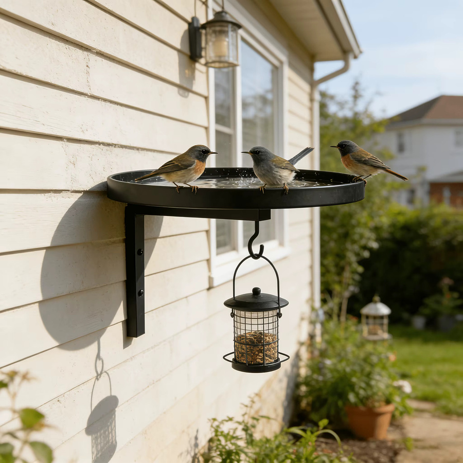 Wandmontiertes Metall-Vogelbad mit Futterhaken für Garten und Terrasse - Bild 3