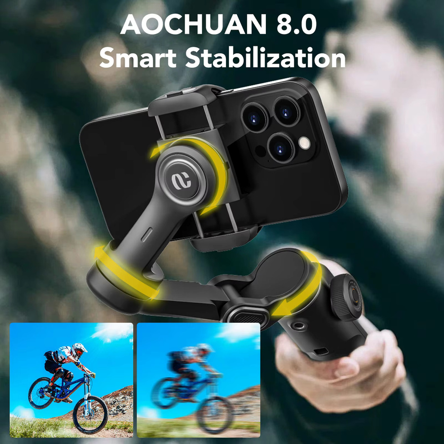 AOCHUAN Smart X2 Smartphone Gimbal-Stabilisator mit integrierter Verlängerungsstange und LED-Anzeige in Schwarz für iPhone und Android-Telefone - Bild 2
