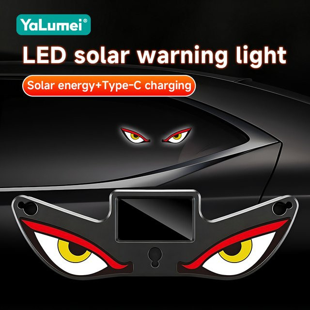 YaLumei Solar LED Teufelsaugen-Lampe in Schwarz für das Auto mit Monster-Gesichtsausdruck und kabelloser Dreieck-Fenstermontage zur Ambiente-Beleuchtung - Bild 1