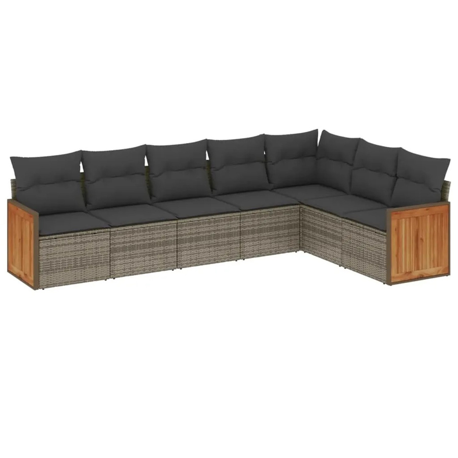 vidaXL 7-tlg Garten-Sofagarnitur in L-Form aus Polyrattan und Akazienholz in Grau mit Kissen und Stauraum - Bild 2