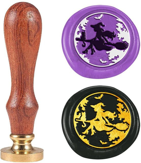 Vintage Halloween Wachssiegelstempel-Set mit Mond, Hexe und Kompass aus Messing und Holzgriff - Bild 1