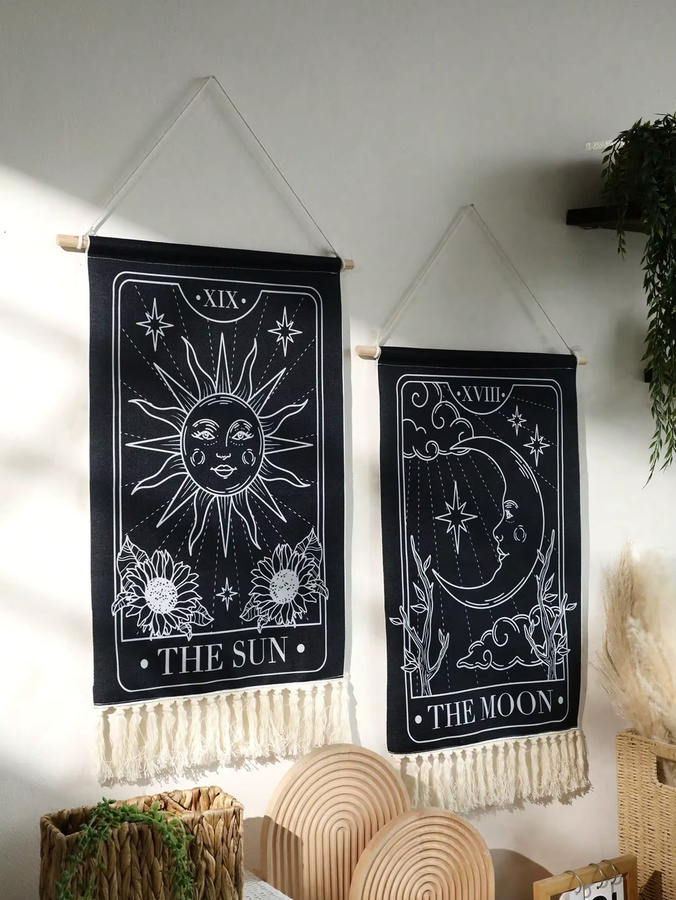 Artilady Wandteppich mit Sonne und Mond im Boho-Stil aus Leinen mit Fransen - Bild 2